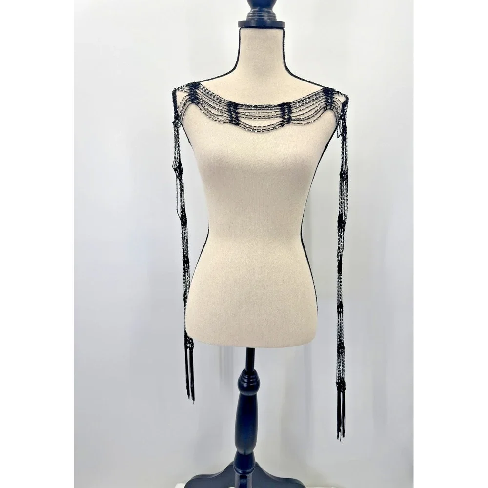 VTG Y2K Black Crochet Silver Beaded Skinny Scarf Neck Tie Fringe Indie Sleaze